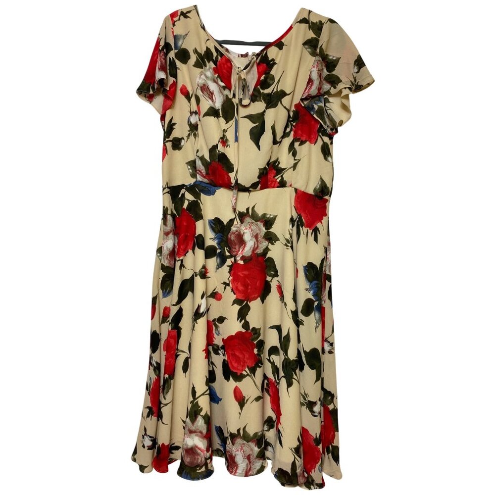 Unique Vintage‎ Floral Print Beige & Red Fit-And-Flare Dress Plus Size 2XL Retro